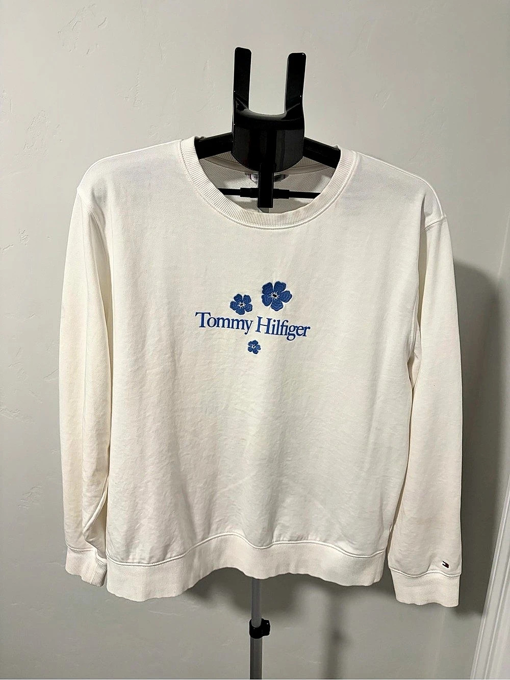 Tommy Hilfiger White Floral Logo Script Crewneck Sweatshirt Size Large